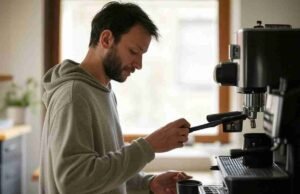 Why Every Home Barista Needs a Portafilter Stand Stainless steel portafilter stand stabilizing a bottomless handle during tamping - ChopChic.com