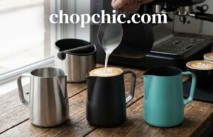 The Best Milk Pitchers for Latte Art: How to Choose the Right One _A comparison of different milk pitchers with sharp and round spouts, displaying the best tools for creating intricate latte art designs vs. basic shapes.