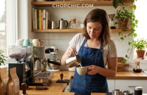 Best Milk Pitchers for Latte Art: The Unsung Hero of Every Coffee Lover’s Setup _Stainless steel milk frothing pitcher pouring detailed latte art into a ceramic cup for home barista setup - ChopChic.com