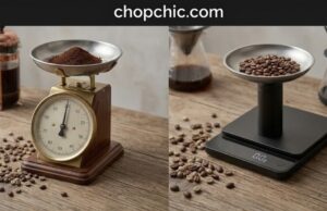Comparing Analog vs Digital Coffee Scales: Which Is Right for You? _A side-by-side visual comparison of a mechanical analog scale with a numbered dial face next to a sleek digital coffee scale with a high-contrast LED display, illustrating the stark difference in reading precise gram measurements.