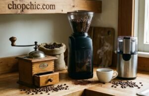 The Best Coffee Grinders for Every Brewing Method _A display of various manual and electric burr grinders arranged next to a French Press, a Chemex, and a portafilter, illustrating the different grinding requirements for immersion, drip, and pressure brewing.