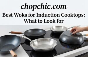 Best Woks for Induction Cooktops: What to Look for _A flat-bottom carbon steel wok placed on a glass induction cooktop, demonstrating magnetic compatibility and stability for stir-frying.