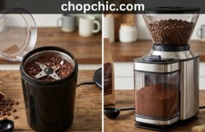 Blade vs Burr Grinders: Which One Should You Choose? _A close-up split image showing the uneven, chunky grounds produced by a blade grinder versus the uniform, consistent particles from a burr grinder, illustrating the impact on extraction.