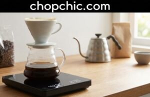 Why Backlit Displays Matter in Coffee Scales Pour over brewing on a digital coffee scale with built-in timer tracking flow rate - ChopChic.com