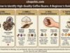 How to Identify High-Quality Coffee Beans: A Beginner’s Guide _Close-up comparison of high-quality, whole coffee beans versus low-quality broken beans, highlighting the roast date on the packaging.