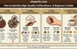 How to Identify High-Quality Coffee Beans: A Beginner’s Guide _Close-up comparison of high-quality, whole coffee beans versus low-quality broken beans, highlighting the roast date on the packaging.