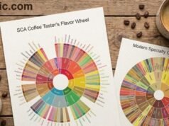 How Coffee Flavor Wheels Help You Taste Like a Pro _A top-down view of a cup of black coffee resting next to the Specialty Coffee Association Flavor Wheel, with a pen pointing to the outer rim to translate a general "Fruity" center category into a specific "Blueberry" tasting note.