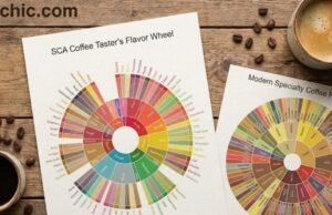 How Coffee Flavor Wheels Help You Taste Like a Pro _A top-down view of a cup of black coffee resting next to the Specialty Coffee Association Flavor Wheel, with a pen pointing to the outer rim to translate a general "Fruity" center category into a specific "Blueberry" tasting note.