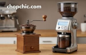 Manual vs Electric Coffee Grinders: Which One Is Right for You? _A side-by-side comparison of a premium manual hand grinder being used outdoors versus a high-speed electric burr grinder on a kitchen counter, illustrating the difference between portable ritual and countertop convenience.
