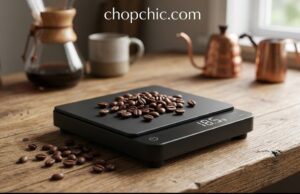 Smart Coffee Scales: Are They Worth It for Home Baristas? _A sleek smart coffee scale connected via Bluetooth to a smartphone, displaying a real-time flow rate extraction graph alongside a glass pour-over brewer.