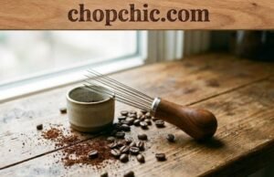 What Is a WDT Tool and Why Every Espresso Enthusiast Needs One _A close-up of a WDT tool with fine acupuncture needles raking through coffee grounds in a portafilter basket, demonstrating the process of breaking up clumps to ensure a uniform density.