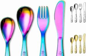 Stylish Design: Berglander Rainbow Cutlery Set _Berglander rainbow cutlery set adding a colorful iridescent touch to a daily meal - ChopChic.com