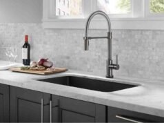 A Review of OWOFAN Kitchen Faucet, One of Amazon’s Most Popular Products OWOFAN kitchen faucet with pull down sprayer installed in modern kitchen sink review - ChopChic.com