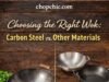 Choosing the Right Wok: Carbon Steel vs. Other Materials (Edited) _A visual comparison of a carbon steel wok against stainless steel, cast iron, and non-stick pans, highlighting material differences for choosing the right cookware.