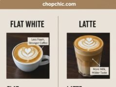 Flat White vs Latte: What’s the Difference? _Side-by-side comparison of a flat white in a ceramic cup with thin microfoam versus a latte in a tall glass, illustrating the difference in size and milk texture.