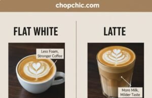 Flat White vs Latte: What’s the Difference? _Side-by-side comparison of a flat white in a ceramic cup with thin microfoam versus a latte in a tall glass, illustrating the difference in size and milk texture.