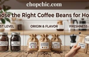 How to Choose the Right Coffee Beans for Home Brewing _A flat lay composition of specialty coffee beans categorized by light, medium, and dark roast levels, arranged alongside global origin tags and various brewing tools, including a French press, V60 dripper, and espresso portafilter.