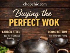Things to Consider When Choosing a Wok: Features and Tips for Buying the Perfect Wok _A comparison of different wok materials (carbon steel vs. cast iron) and shapes (flat vs. round bottom), illustrating the ultimate buying guide for home cooks.