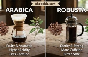 Arabica vs. Robusta: Which Coffee Bean Is Right for You? _A side-by-side visual comparison of a flat, elongated Arabica coffee bean with a curved center crease and a small, round Robusta bean with a straight center crease, illustrating their distinct physical botanical differences.