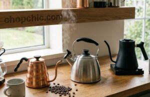 Coffee Kettles 101: Choosing the Right Gooseneck Kettle for Precision Pouring _A barista pouring hot water from a variable temperature electric gooseneck kettle into a pour-over dripper, demonstrating precise flow control and even saturation of coffee grounds.