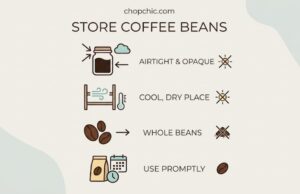 How to Store Coffee Beans to Keep Them Fresh _An opaque, stainless steel airtight coffee canister sitting in a shaded pantry next to a pile of whole coffee beans, demonstrating the ideal environment to block oxygen and UV light.