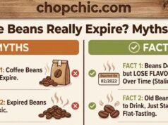 Do Coffee Beans Really Expire? Myths vs. Facts _A close-up of a coffee bag displaying a "Roasted On" date stamp next to a pile of dull, oily beans, illustrating the visual difference between fresh and stale coffee
