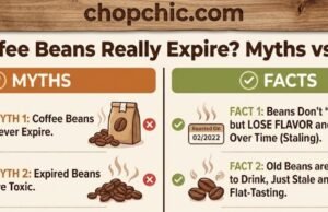 Do Coffee Beans Really Expire? Myths vs. Facts _A close-up of a coffee bag displaying a "Roasted On" date stamp next to a pile of dull, oily beans, illustrating the visual difference between fresh and stale coffee