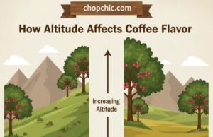 How Altitude Affects Coffee Flavor: The Highs and Lows Explained _A visual chart showing the correlation between coffee growing elevation and flavor profile, illustrating how high-altitude beans (1,500m+) develop bright acidity while low-altitude beans (under 1,000m) offer earthier, robust notes.