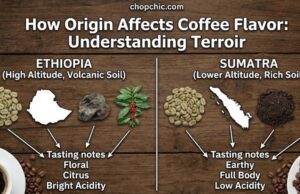 How Origin Affects Coffee Flavor: Understanding Terroir _A landscape view of a high-altitude coffee plantation on a steep volcanic slope, illustrating the misty climate and rich soil conditions that contribute to complex flavor development.