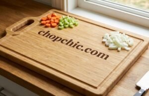 How to Clean a Bamboo Cutting Board (Without Cracking It) Hand scrubbing bamboo cutting board with lemon and salt to prevent cracking - ChopChic.com