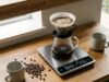 Digital Coffee Scales: Why Precision Weighing Matters for Brewing _A digital coffee scale displaying precise weight and time measurements during a pour-over brew, demonstrating the essential tools needed for consistent home brewing.
