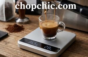 Why a Digital Scale Is a Must for Perfect Espresso Every Time _A compact digital espresso scale placed under a cup on an espresso machine drip tray, displaying the real-time weight and time of the extraction to ensure precise brew ratios.