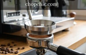 Dosing Funnel: A Simple Tool That Prevents Mess and Waste _A magnetic espresso dosing funnel attached to a portafilter during grinding, preventing coffee grounds from spilling onto the counter.