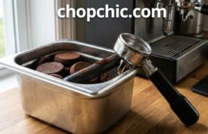 Why a Knock Box Is Essential for Every Espresso Setup _A durable espresso knock box on a wooden counter being used to discard a spent coffee puck, protecting the portafilter and keeping the barista station organized.