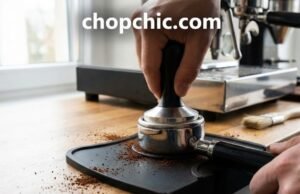 The Importance of a Tamping Mat in Your Espresso Setup _A black silicone espresso tamping mat placed on the counter edge, protecting the surface and stabilizing the portafilter during tamping for consistent pressure.