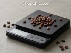 How to Use a Coffee Scale for Better Pour-Over Brewing _A close-up of a digital coffee scale displaying both the elapsed time and water weight in grams, positioned beneath a glass pour-over dripper as a gooseneck kettle pours a precise stream of hot water over the grounds.