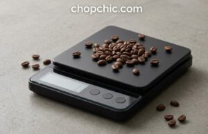 How to Use a Coffee Scale for Better Pour-Over Brewing _A close-up of a digital coffee scale displaying both the elapsed time and water weight in grams, positioned beneath a glass pour-over dripper as a gooseneck kettle pours a precise stream of hot water over the grounds.