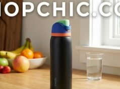 Owala FreeSip Insulated Stainless Steel Water Bottle Review Owala FreeSip insulated stainless steel water bottle sitting on a desk for daily hydration tracking - ChopChic.com