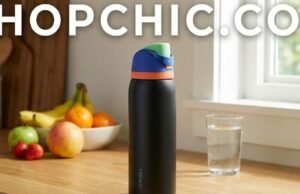 Owala FreeSip Insulated Stainless Steel Water Bottle Review Owala FreeSip insulated stainless steel water bottle sitting on a desk for daily hydration tracking - ChopChic.com