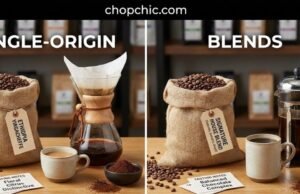 Single-Origin vs Blends: What’s the Difference and Which Should You Choose? _A side-by-side comparison of a coffee bag labeled "Single Origin Ethiopia" with floral tasting notes versus a bag labeled "House Blend" with chocolate/nutty notes, illustrating the marketing and flavor profile differences.
