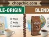 Single-Origin vs. Blends: What’s the Difference? _Side-by-side comparison of single-origin coffee beans vs. a coffee blend, illustrating the difference in bean uniformity and intended brewing styles.