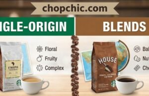 Single-Origin vs. Blends: What’s the Difference? _Side-by-side comparison of single-origin coffee beans vs. a coffee blend, illustrating the difference in bean uniformity and intended brewing styles.