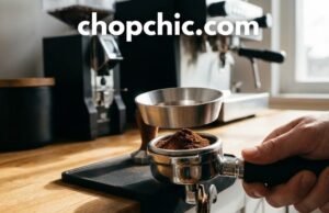 What Is a Dosing Funnel and Do You Really Need One? _A close-up of a metal espresso dosing funnel attached to a portafilter, containing loose coffee grounds to prevent spills and waste during preparation.