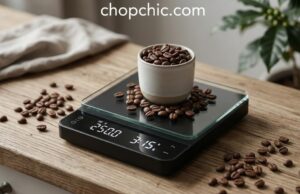 Why a Coffee Scale Is Essential for Consistent Brews _A close-up of a digital coffee scale measuring exactly 15.0 grams of whole coffee beans in a dosing cup, demonstrating the precision required for consistent home brewing.