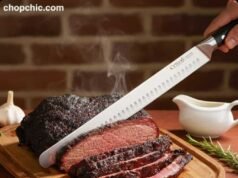 Why Your Kitchen Knife Gets Dull So Fast: The Common Habits You Need to Break _12-inch Granton edge brisket knife slicing smoked meat with full tang balance - ChopChic.com