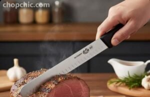 Victorinox Fibrox Slicing Knife: Mastering Large Cuts with Precision and Safety Amazon Basics full tang chef knife chopping vegetables to test high carbon steel performance - ChopChic.com