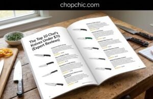 The Top 10 Chef’s Knives Under $70 (Expert Reviews) _Collection of the top 10 best chef knives under $70 arranged on a wooden cutting board for a comparison review.