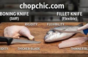 Boning Knife vs. Fillet Knife: Which to Use and Our Top Picks _A side-by-side comparison of a stiff, thick-spined boning knife and a thin, flexible fillet knife, illustrating the difference in blade curve and flexibility for processing meat versus fish.