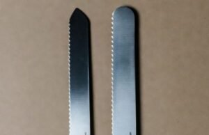 SAINT GERMAIN Bread Lame – Perfect Crust & Oven Spring _Comparing wavy edge and bow bread knives slicing crusty sourdough loaves without crushing - ChopChic.com