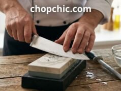 Caring for Specialty Blades: Serrated Knife Sharpening and Cleaver Maintenance _A split-view demonstration showing a heavy meat cleaver being honed on a sturdy steel rod alongside a serrated bread knife being sharpened with a tapered ceramic rod, illustrating the different tools required for each blade type.